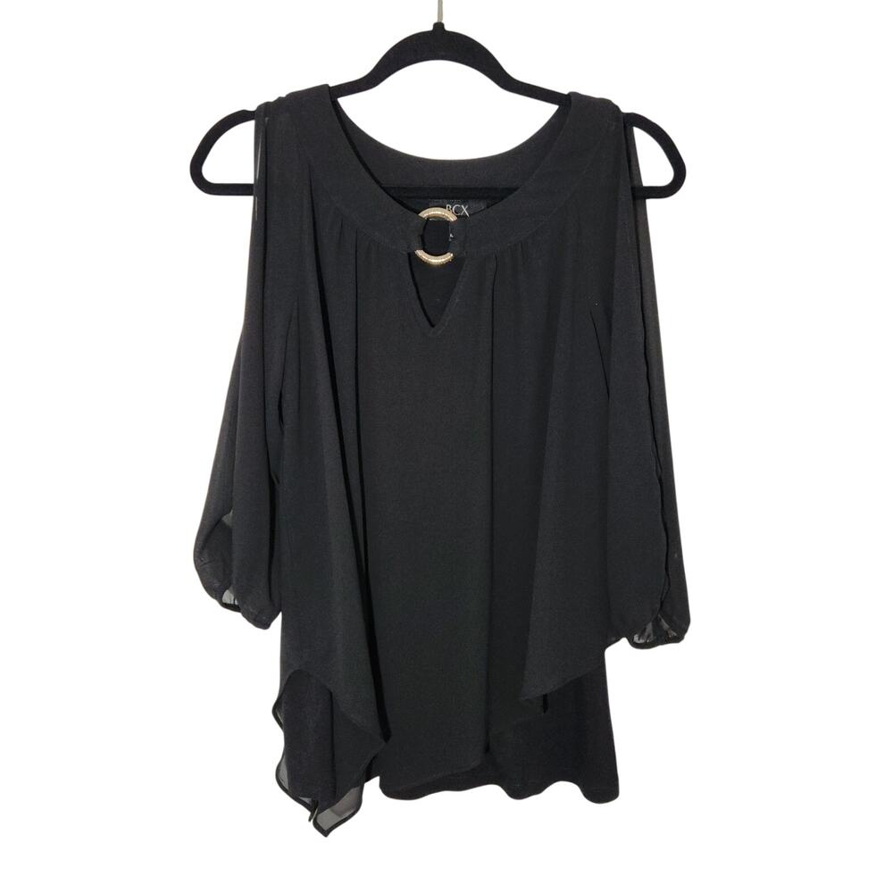 BCX‎ Cold Shoulder Semi Sheer 3/4 Sleeve Blouse Black Classic Feminine Women's M